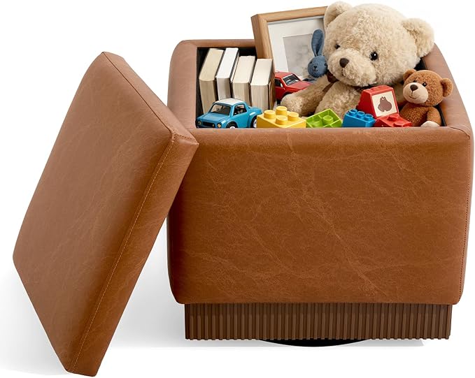 Square Ottoman with Storage,Swivel Vanity Stool-Faux Leather Foot Rest,Upholstered Footstool Pouf with Sturdy Acacia Wood Frame(500lbs),Small Coffee Table & Hidden Storage for Living Room