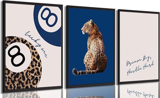 Navy Blue 3 Pcs Leopard Print Wall Art Cheetah animal prints 8 Ball Lucky Me pictures Trendy Wall decor Y2k aesthetics painting artwork for Apartment Dormitory College style Decoration,12x16in Poster