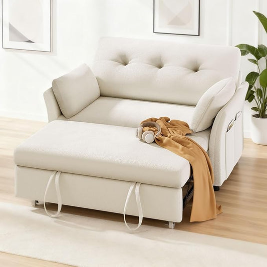 Vipbear 3 in 1 Pull Out Couch, Convertible Sofa Bed, Loveseat Sleeper with Reclining Backrest and Side Pocket for Living Room, Apartment, Tool-Free Assembly, Beige