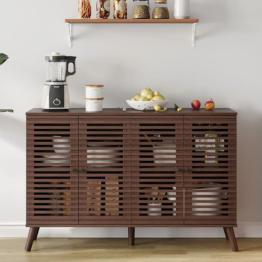 47" W Buffet Cabinet with 4 Slatted Doors, Mid-Century Buffet Sideboard with Shelves, Accent Storage Cabinets Cupboard Console for Living Room Kitchen Hallway, Walnut