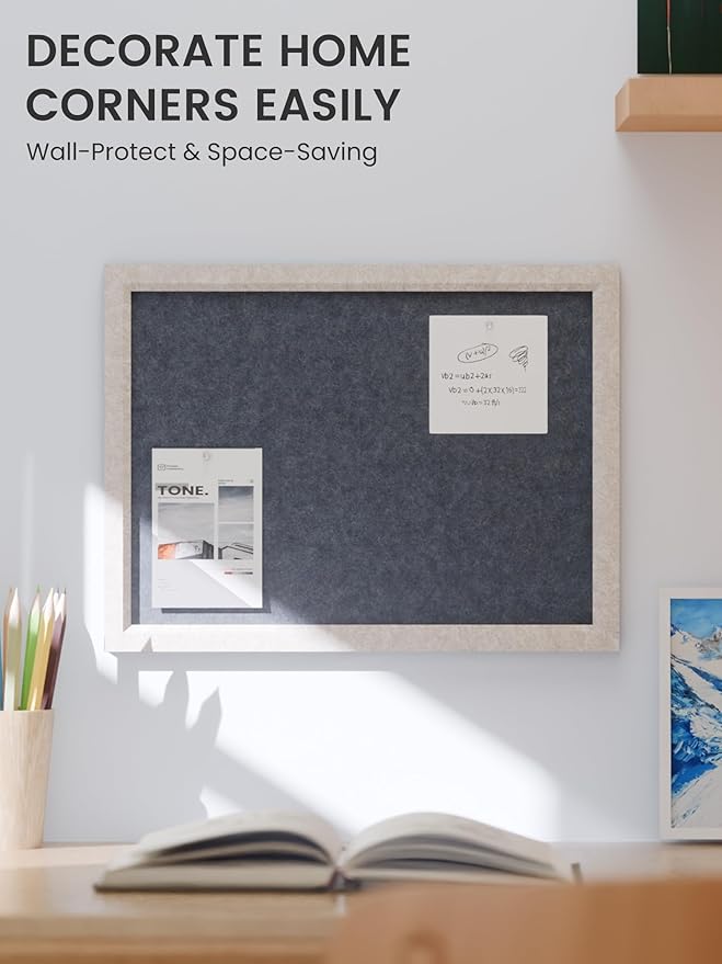 Felt Cork Board Alternative, Felt Bulletin Board 16" x 12" Oatmeal Frame with 8 Adhesive Tabs, Pin Board for Home Office, Classroom, Entryway, Kitchen Wall Decor—Navy Blue
