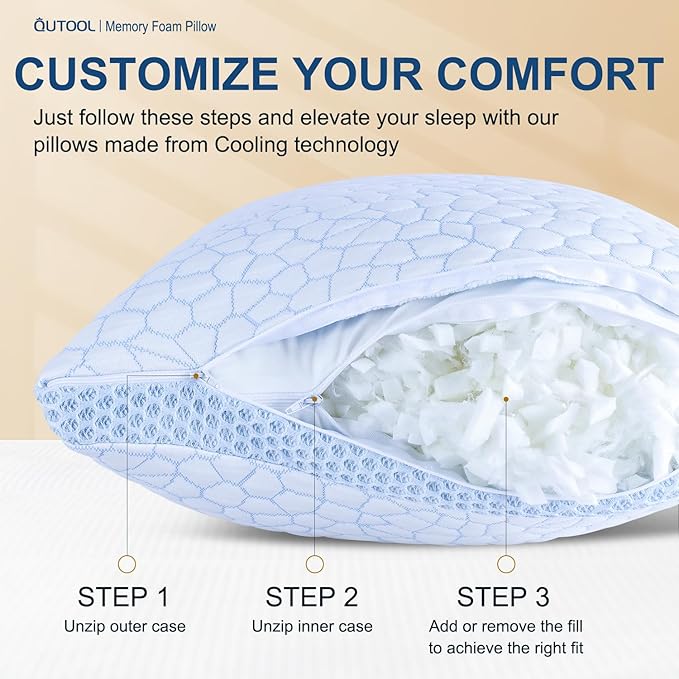 QUTOOL Enhanced Cooling Pillows Queen Size Set of 2,CertiPUR-US Shredded Memory Foam Pillows 2 Pack for Hot Sleeper, Adjustable Bed Pillow for Side, Back, Stomach Sleepers Support Yet Soft, Home Gifts