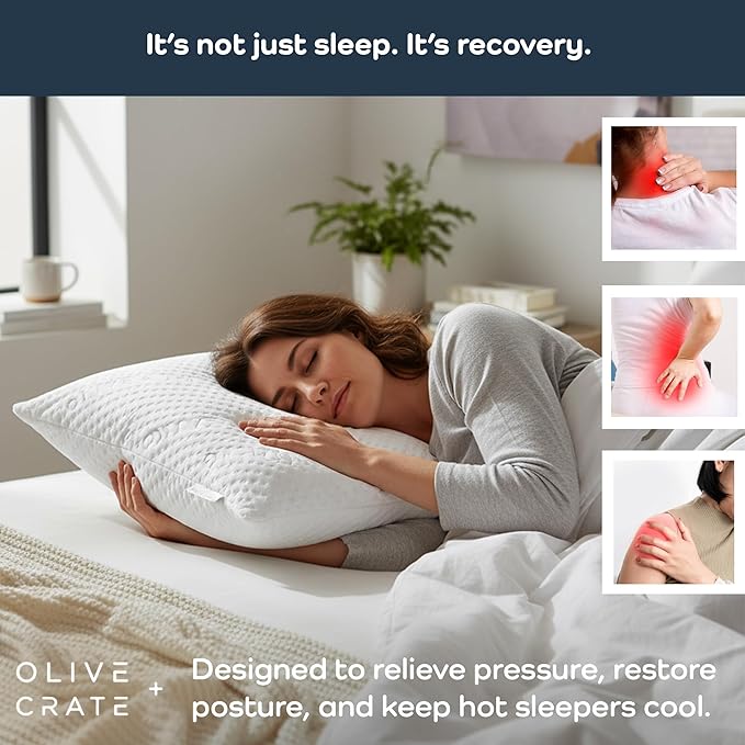 Olive + Crate BreathePure™ Adjustable Loft Shredded Memory Foam Pillow - Queen Size - Cooling Pillow, Hypoallergenic Bed Pillows, CertiPUR-US Certified Foam, Ideal for Back, Stomach and Side Sleeper
