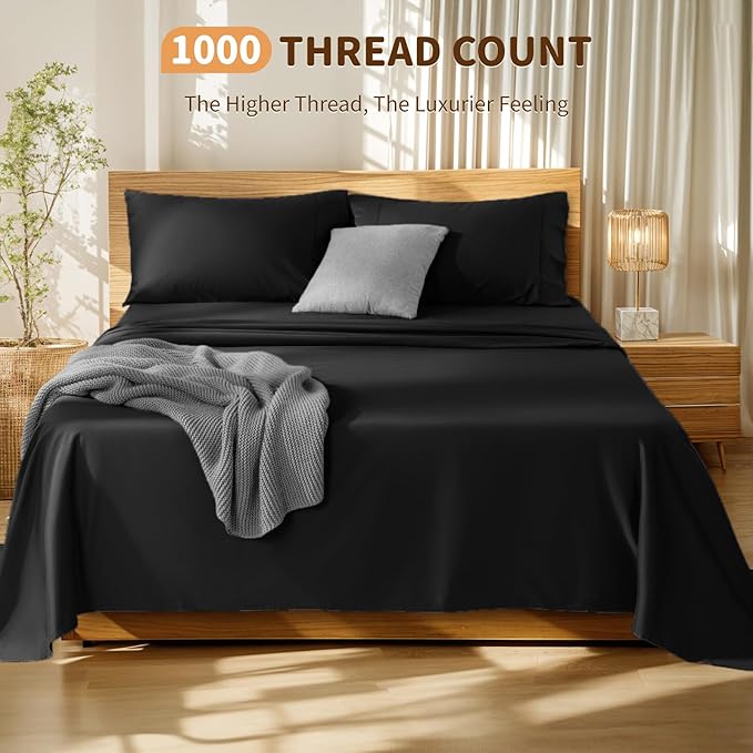 LBRO2M 100% Cotton Sheets Set Deep Pocket 19", 1000 Thread Count Queen Size 4 Piece Bed Sheet Sets Soft Comfortable Bedding All Season (Queen, Black)