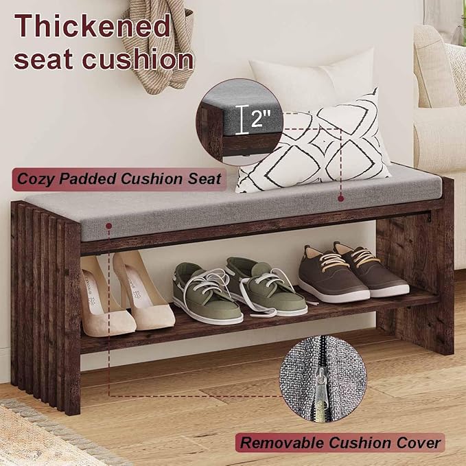 BON AUGURE Mudroom Entryway Bench with Shoe Storage, Shoe Rack Bench with Cushion, 2-Tier Wood Benches for Bedroom, Living Room, Hall (Rustic Oak, 40 in Wide)