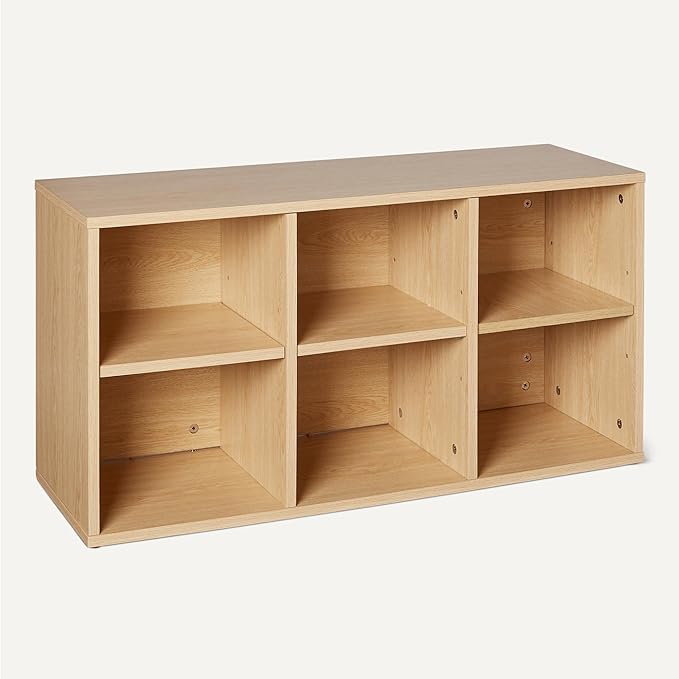Amazon Basics Shoe Storage Bench with Cushion, Shoe Rack 6 Cubbies, Adjustable Shelves, Oak Finish