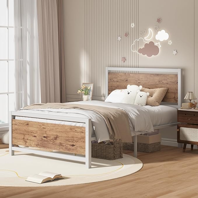 Twin Bed Frames with Headboard, Industrial Style Twin Size Bed Frame, Twin Size Bed Frames with Wooden Footboard, Heavy Duty, No Box Spring Needed, Noise-Free, Easy Assembly, White Brown