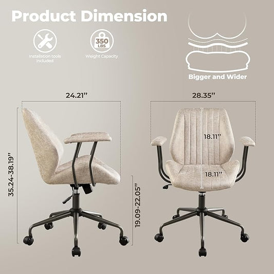 ovios Ergonomic Office Chair, Mid Back Faux Leather Executive Chairs with Armrests, Comfy Mid-Century Modern Swivel Rolling Computer Armchair (Beige, Suede Leather)