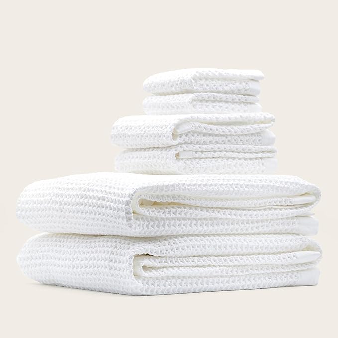 Italic Sedona Luxe Waffle Towel Set, 410 GSM 6-Piece 100% Cotton Set with 2 Bath Sheets, 2 Hand Towels & 2 Washcloths, Spa-Quality, White