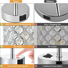 Crystal Touch Lamp with Touch Control, Sliver Table Lamp with USB-C+A Ports, 3 Way Dimmable Bedside Lamp Decorative Modern Nightstand Lamp, Bedroom Light for Living Room Side Table(Bulb Included)