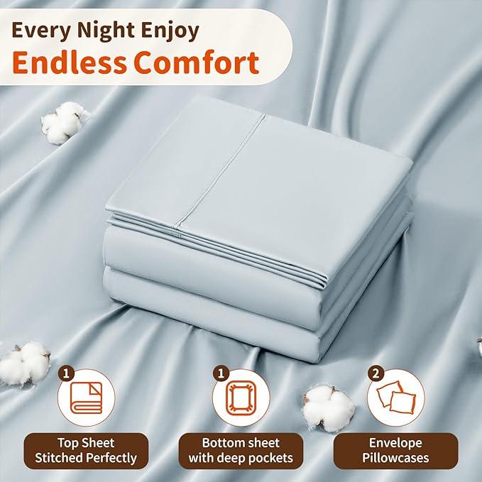 LBRO2M 1000 Thread Count 100% Egyptian Cotton Sheets Set California King Size, 4 Piece Sets Bed Sheet Deep Pocket Sheet Set 16" Soft Comfortable All Season (California King, Ice Blue) LBRO2MBedding