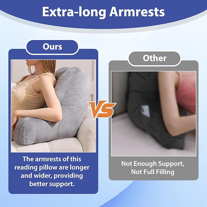 Reading Pillows for Sitting in Bed Adult, Back Pillow for Bed Sitting Up, Backrest Pillows with Shredded Foam for Adult&Teens, Support Pillow with Arms for Beds, Couch, Floor, 20in, Grey
