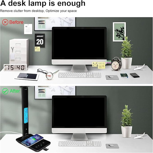 Desk Light with Wireless Charger, USB Charging Port, Dimmable Office Desk Lamp with Clock, Alarm, Date, Temperature, Foldable Lamp for Table Bedroom Bedside Office