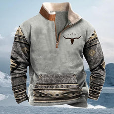 Western Sweatshirts for Men Aztec Cowboy Vintage Graphic Fleece Hoodie Mens Quarter Zip Pullover Country Jacket