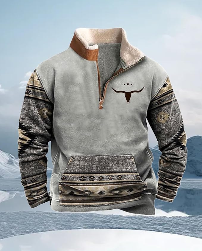 Western Sweatshirts for Men Aztec Cowboy Vintage Graphic Fleece Hoodie Mens Quarter Zip Pullover Country Jacket