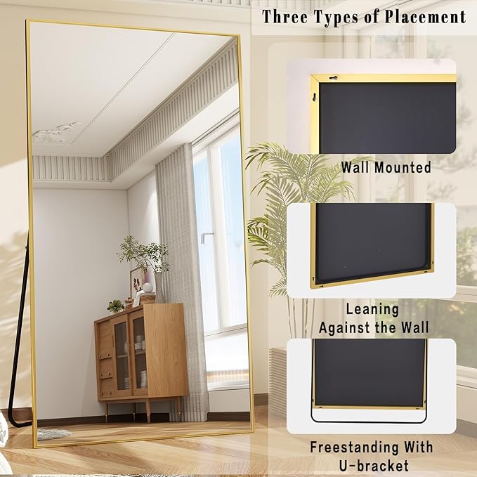 BEAUTYPEAK 76"x34" Rectangle Full Body Floor Mirrors, Full Length Mirror Hanging or Leaning, Aluminum Alloy Frame Wall Mirror for Bedroom, Dressing Room, Gold