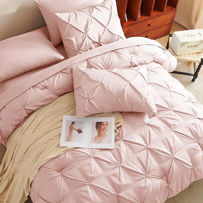 CozyLux Oversized King Comforter Sets Blush Pink, 7 Pieces Oversized King Pintuck Bed in A Bag, Pinch Pleat Bedding Sets with All Season Comforter, Flat Sheet, Fitted Sheet, Pillowcases & Shams
