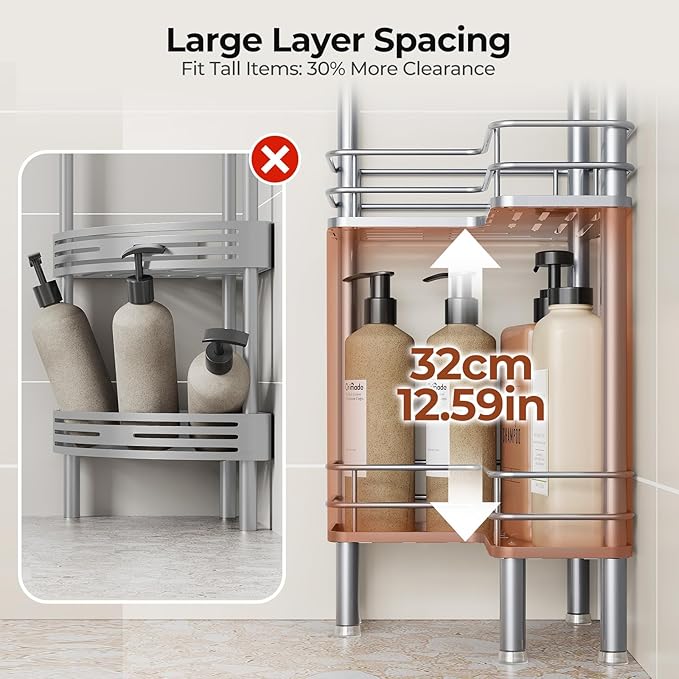 Orimade Rustproof 3 Tier Floor Standing Corner Shower Caddy Organizer with Toothbrush Holder, Large Spacing Floor Shower Shelf Rack Storage Stands with Hooks for Bathroom Kitchen, Silver