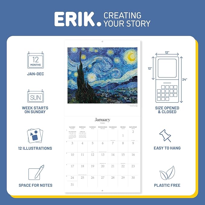 Art Masterpieces Wall Calendar 2026 12" x 12" FSC® Plastic Free - Starts Week On Sunday | Family Planner Art Calendar 2026