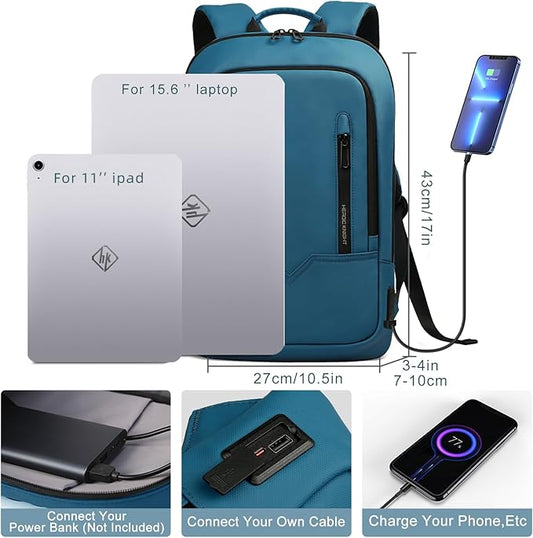 hk Backpack for Men Business Slim Backpack with USB Charger Computer Lightweight Anti-theft Travel (Dark Blue, 15.6 Inch)