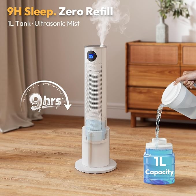 Space Heater with Humidifier - Portable Tower Heater for Indoor Use with 1L Water Tank, Space Heater Large Room, Office, Bedroom, Oscillation, 3 Heating Modes, 12H Timer, Tip-over Protection