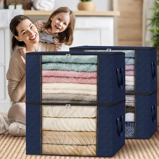 Fab totes Storage Bags,Clothes Blanket Storage Bins Foldable Closet Organizers with Reinforced Handle for Home Dorm Storage and Organization,Fabric Bags for Organizing Sheets,Clothing (Blue,10 Pack)