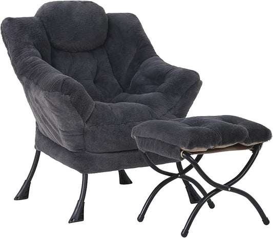 Lazy Chair with Folding Ottoman, Modern Accent Lounge Armchair with Armrests and a Side Pocket & Foldable Footstool, Leisure Reading Chair for Living Room, Bedroom, Dorm & Office, Plush Navy