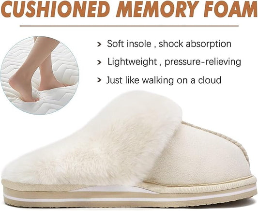 KuaiLu Womens Fluff Dual Memory Foam Slippers Ladies Cozy Arch Support Warm Scuff Slippers Slip on Comfy Winter House Shoes with Non-Slip Indoor Outdoor Hard Sole