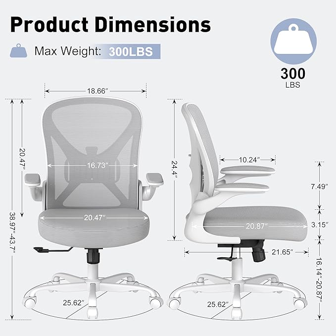 ZZH Ergonomic Office Chair Set of 6 with Adjustable Lumbar Support, Mesh Home Office Desk Chair with Wheels and Flip-up Arms, Grey