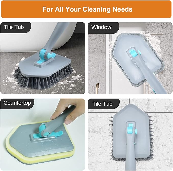 Long Handled Scrub Brush for Shower,3-in-1 Cleaning Brushes with 3 Different Function Cleaning Heads Brush for Shower Cleaning Bathroom Kitchen Walls Tub Tile (Grey)