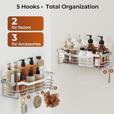 Orimade Shower Caddy Basket Shelf Storage Rack Pack of 2, No Drilling Wall Mounted Adhesive Rust Proof Stainless Steel Shower Organizer with 5 Hooks for Bathroom, Toilet, Kitchen