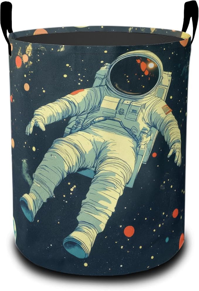 Astronauts in Space Laundry Basket-Large Foldable Hamper Holder Portable Tall Collapsible Laundry Hamper Storage Basket Bin with Handles, Canvas & Waterproof lining for Household Items