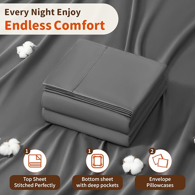 LBRO2M 100% Cotton Sheets Set Deep Pocket 24", 1000 Thread Count King Size 4 Piece Bed Sheet Sets Soft Comfortable Bedding All Season (King, Dark Gray) LBRO2MBedding