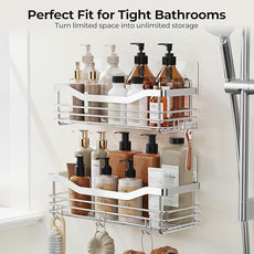 Orimade Shower Caddy Basket Shelf Storage Rack Pack of 2, No Drilling Wall Mounted Adhesive Rust Proof Stainless Steel Shower Organizer with 5 Hooks for Bathroom, Toilet, Kitchen