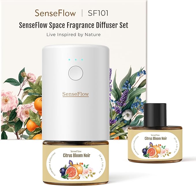 SF101 Pro Waterless Plug-In Air Freshener, 100% Plant-Based Ultrasonic Diffuser, Adjustable 120-Day Scent Air Mist, Covers 100㎡ for Home, Hotel-Citrus Bloom Noir