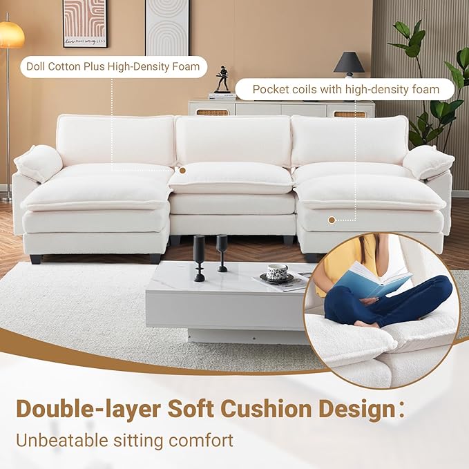 VINGLI 122" Cloud Teddy White Convertible Sectional Sofa, Comfy U-Shape Extra Deep Seat Sofa Couch for Living Room,Modern Chenille 3-Seat Convertible Sofa with 2 Movable Ottomans for Small Space