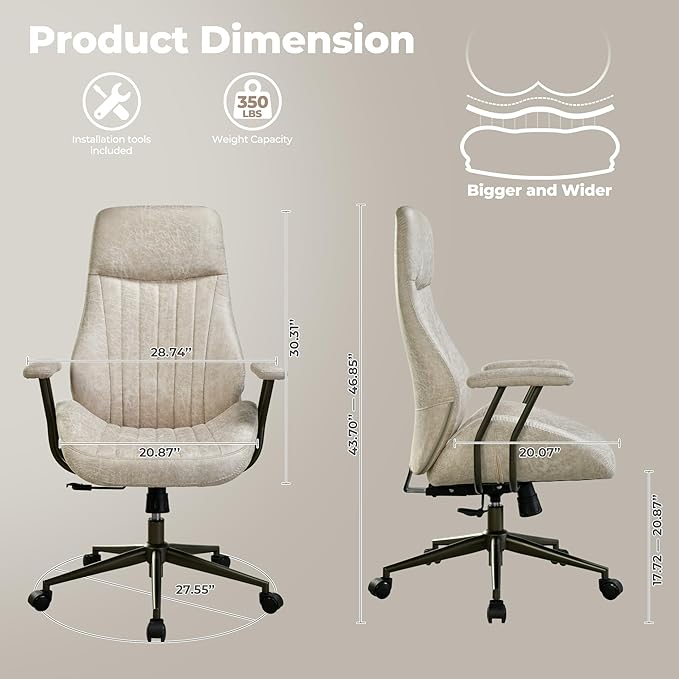 ovios Ergonomic Office Chair, High Back Faux Leather Executive Chairs with Armrests, Comfy High-Century Modern Swivel Rolling Computer Armchair (Beige, Suede Leather)