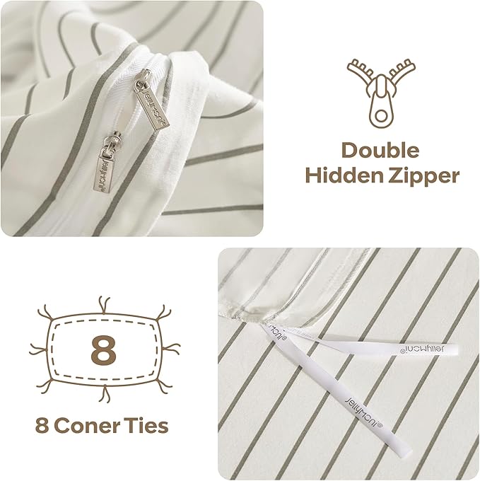 JELLYMONI Striped Duvet Cover Set - Full Size 100% Cotton - 3PCS White & Grey Vertical Stripes Bedding - Hidden Zipper Closure & 8 Corner Ties - Breathable Comforter Cover for Bedroom