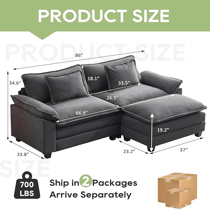 86" Modular Sectional Sofa, Comfy Cloud Couch Sectional Sofa with Ottoman, Velvet Sofa Sleeper Deep Seat Sofa with Throw Pillows for Living Room (Blue Gray, 86"- L Shape)