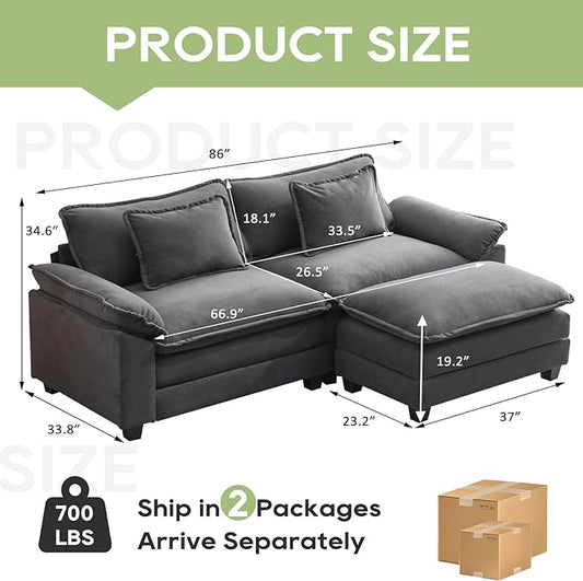 86" Modular Sectional Sofa, Comfy Cloud Couch Sectional Sofa with Ottoman, Velvet Sofa Sleeper Deep Seat Sofa with Throw Pillows for Living Room (Blue Gray, 86"- L Shape)