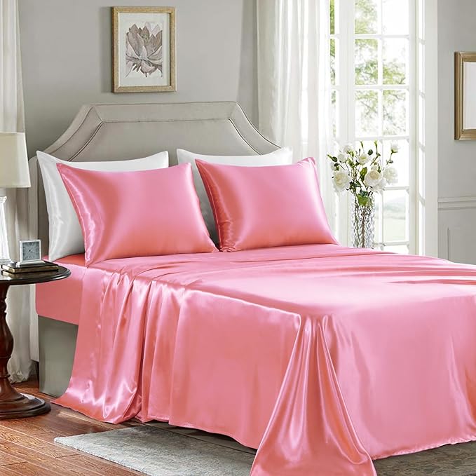 Satin Sheets King Size - 4 Pieces Luxury Silky Soft Bed Sheets, Wrinkle-Free Pink Satin Silk Sheet Set with 1 Deep Pocket Fitted Sheet, 1 Flat Sheet, 2 Pillow Cases