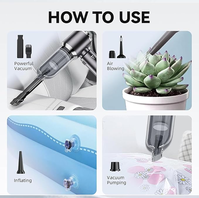 Car Vacuum Portable Cordless, 19000Pa Mini Vacuum Cleaner High Power 4-in-1 Compressed Air Duster Blower Pump Small Handheld Vacuum Cleaner Cordless Rechargeable for Car Home Office Desk