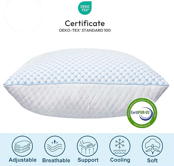 XWZO Cooling Pillow for Sleeping King Size Set of 1, Shredded Memory Foam Pillows Adjustable Gel Bed Pillows for Side Back Stomach Sleepers with Washable Removable Cover