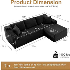 105''Sectional Cloud Couch with L Shaped Chaise,Modern Modular Sectional Sofa,Comfy Sectional Couches for Living Room,Bedroom,Apartment (Black, 105''W Right Facing Chaise)
