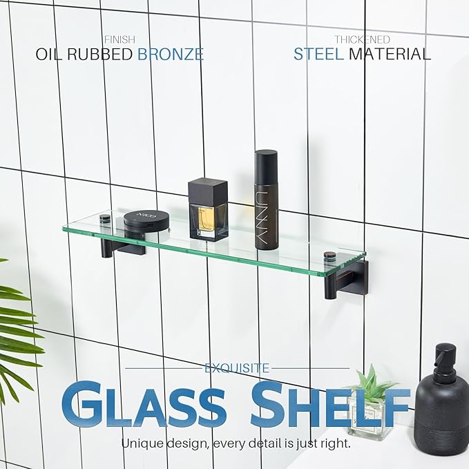 KOKOSIRI Wall Shelves Bathroom Hardware Tempered Glass Floating Shelf Hanging Rack Storage/Room Decor 20-Inch Oil Rubbed Bronze 2 Pack B1105ORB-L20-P2