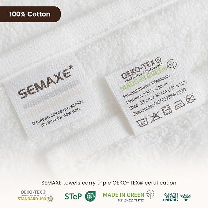 SEMAXE 100% Cotton Washcloths 12-Pack, 13 × 13 Inch Soft Luxury Face Towels – Super Absorbent & Quick-Dry, Premium Cloth with Hanging Loop, Oeko-TEX Certified, Gift-Ready Box