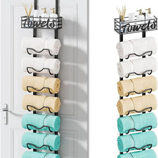 HapiRm Over The Door Towel Rack - 8 Tier Wall Mount Rolled Towel Holder Storage Organizer Shelf with Storage Basket for Small Bathroom, Rv, Camper - Black