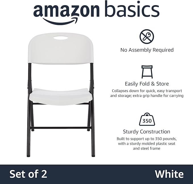 Amazon Basics Folding Plastic Chair, 350-Pound Capacity, White, 2-Pack