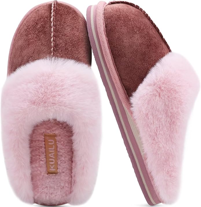 KuaiLu Womens Fluff Dual Memory Foam Slippers Ladies Cozy Arch Support Warm Scuff Slippers Slip on Comfy Winter House Shoes with Non-Slip Indoor Outdoor Hard Sole