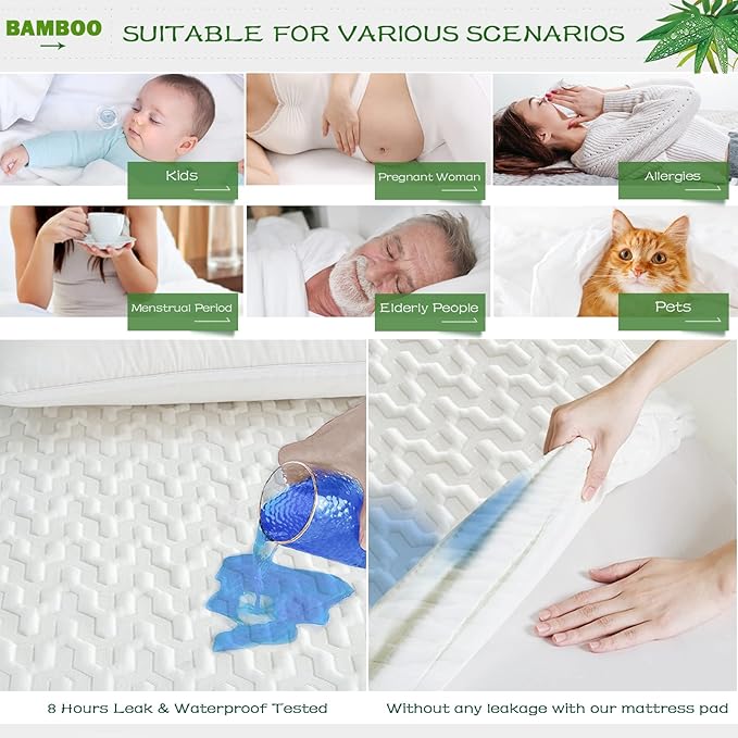 GRT King Size Waterproof Mattress Protector Rayon Bamboo - 3D Air Fiber Cooling Mattress Protector Cover, Breathable Mattress Pad Noiseless 8''-21'' Deep Pocket Machine Washable